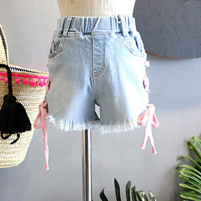 Baby Meisje Jeans Shorts Meisjes Zomer Side Sling Strik Jeans Kinderen Toevallige Denim Broek Kinderen Pocket Korte Broek 2-8Years