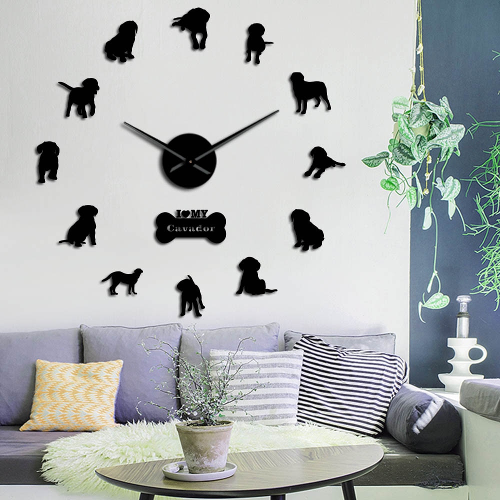 Gemengde hondenras cavador 3d acryl diy wandklok cavalier king charles spaniël labrador retriever puppy hondje huisdier wandhorloge