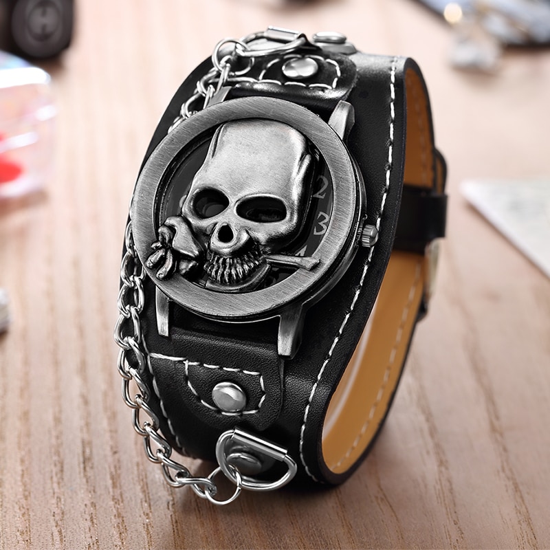 O. T. SEA Rose Skull cuarzo relojes estilo punk cuero de lujo reloj deportivo Relogio Masculino 1831-5