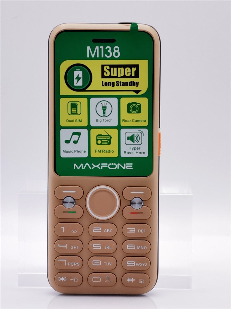 Maxfone  m138 drukknoptelefoons met 2000 mah batterij, 2 simkaarten, camera, bluetooth, magic voice, grote luidspreker, zaklamp en fm-radio.: Russisch toetsenbord toevoegen / Goud