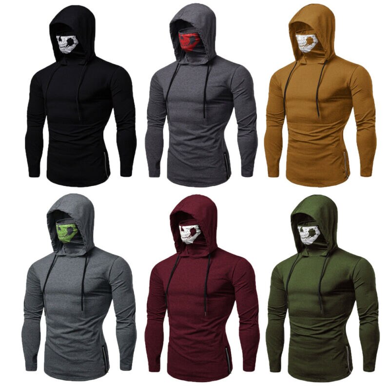 Brand Mens Casual Solid Color Mens Gym Sports Thin Hoodie Long Sleeve Hoodies With Mask Sweatshirt Casual T-Shirt