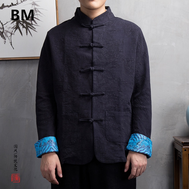 Chinese Style Men'S Cotton And Linen Jacket Middle-Aged Retro Long-Sleeved Linen Chinese Style Buckle Top Hanfu