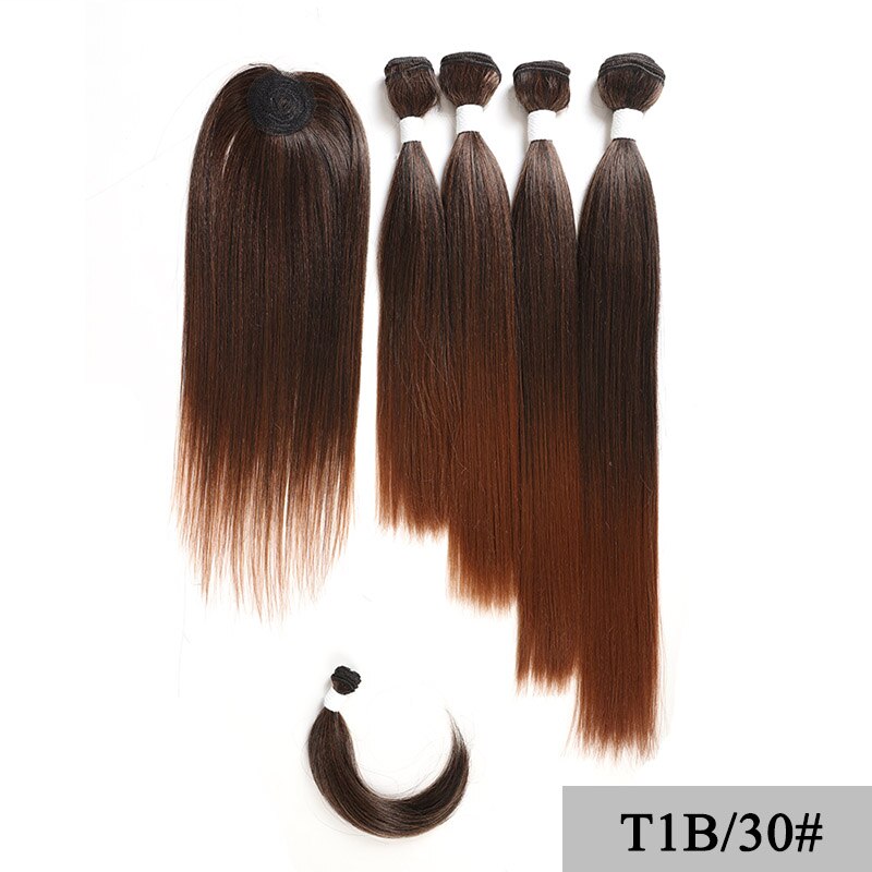 SOKU – mèches synthétiques Yaki lisses avec Closure, 12-18 pouces, extensions brunes ombrées: T1B30