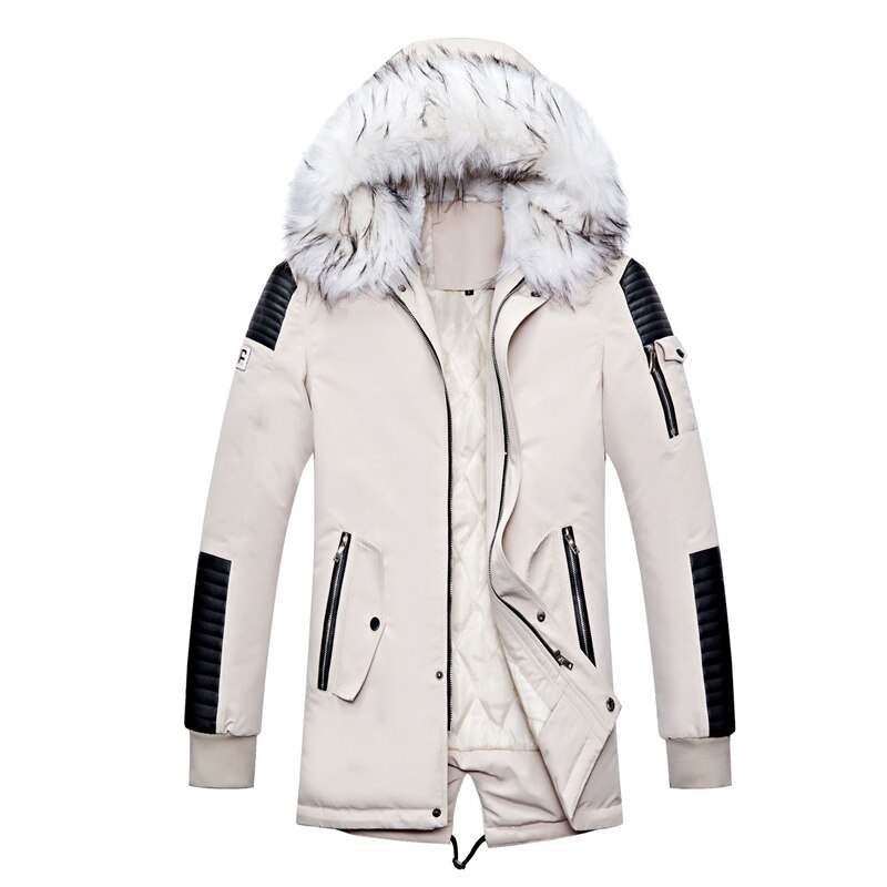Thick Warm Parkas Coat Winter Jacket Men Casual Long Outwear Hooded Fur Collar Windbreaker Jackets Leather Coats Men Veste Homme: Euro Size Beige / XXXL