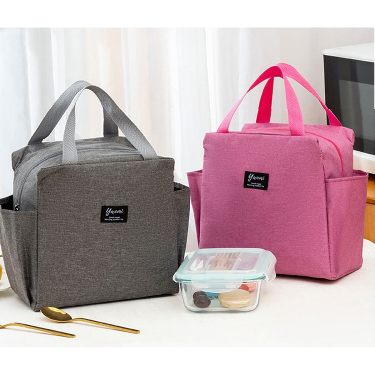 Double pockets Portable lunch bag lunch box insulated canvas tote bag school lunch portable dinner box picnic food storage: Dark Grey