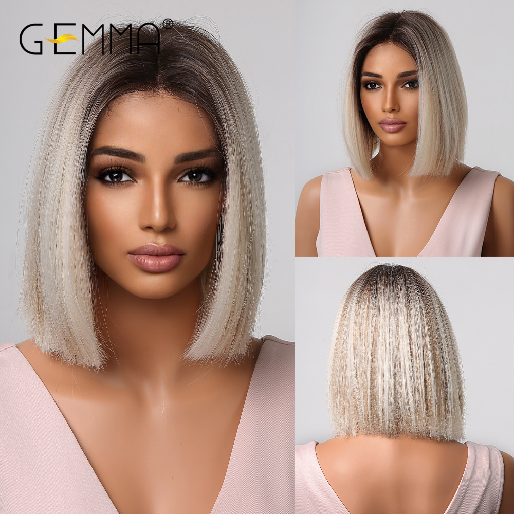 GEMMA – perruques synthétiques Bob courtes et lisses avec frange pour femmes, perruques Afro ombrées noires brunes jaunes blondes, cheveux quotidiens de fête Cosplay: T4/27/30