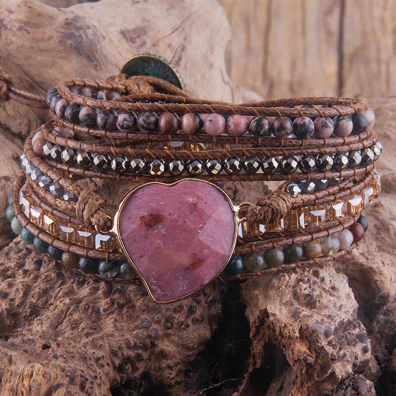 RH Handma-pulsera Bohemia con piedras naturales mezcladas, colgante de corazón, 5 pulseras de tiras, para mujer: red
