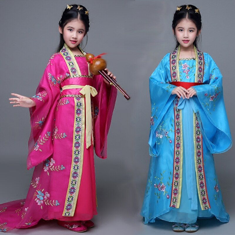 kinderen Geborduurde Kostuum van Tang-dynastie Koninklijke Prinses Fairy Tail Hanfu voor Meisjes Dans Kostuum