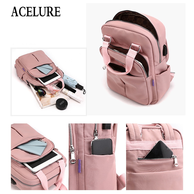 ACELURE Anti-vol USB Charge Nylon sac à dos étanche femmes école sacs à dos sac à dos sacs d'école adolescentes filles sac de voyage
