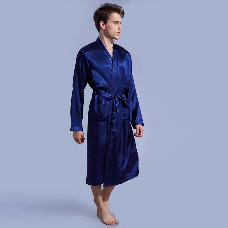 Marineblå badekåpe uformelt natttøy ночное платье pyjamas løs fritid herre nattøy rayon sateng kappe kjole fast kimono
