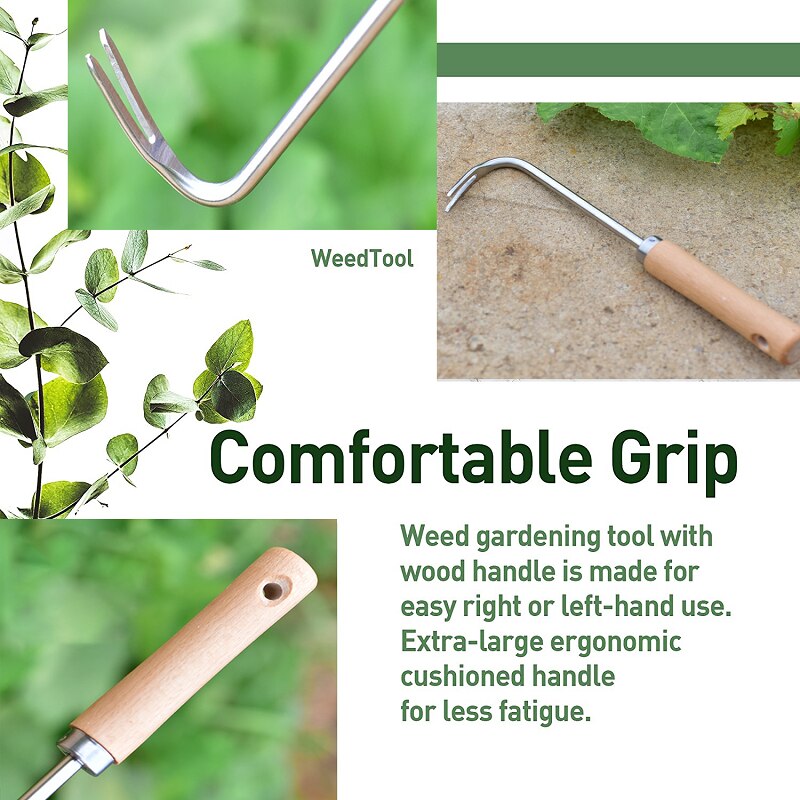 Garden Grass Hand Weeder Wood Handle Stainless Steel Grassroots Weeding Deeper Digging Removal Cutter Puller Tool Yard Lawn Farm