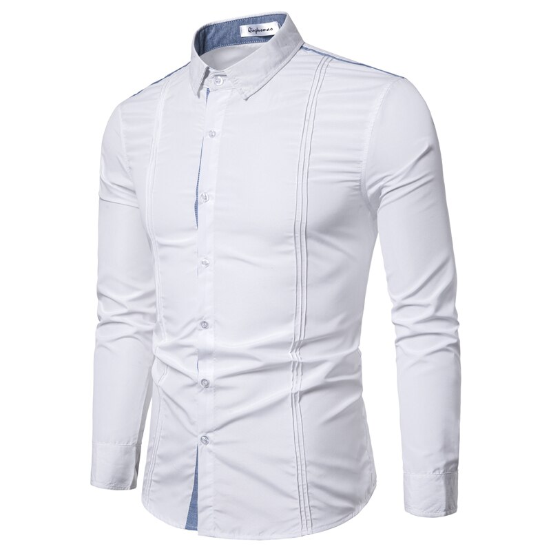 Casual Shirts Men Stitching Denim Long Sleeve Dress Shirt Chest Fold Daily Business Social Camisas 3XL