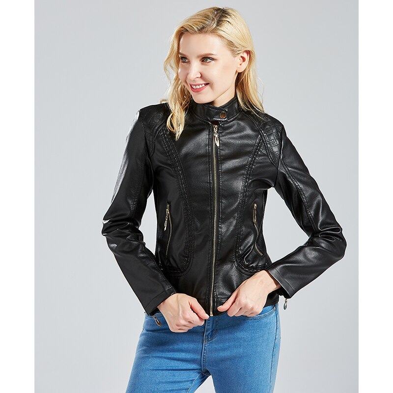 Women's Spring And Autumn Jacket Slim Black Short Currently Available Stand Collar Female Fitness PU Leather Coat Cool Girl