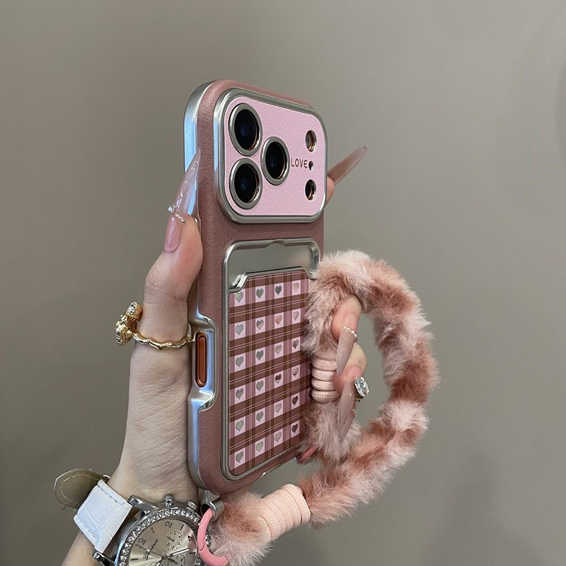 Chic Plaid Heart Silver Mirror Case for iPhone 17 Pro Max 16 15 14 Pro 13 Card Holder Cartoon Phone Case With Fur Lanyard: ABS / black