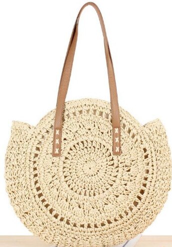 Round Ladies Straw Woven Bag Simple Shoulder Bag Beach Bag Large Capacity Handbag Women Bags Casual Tote Zipper: 2loukong Beige