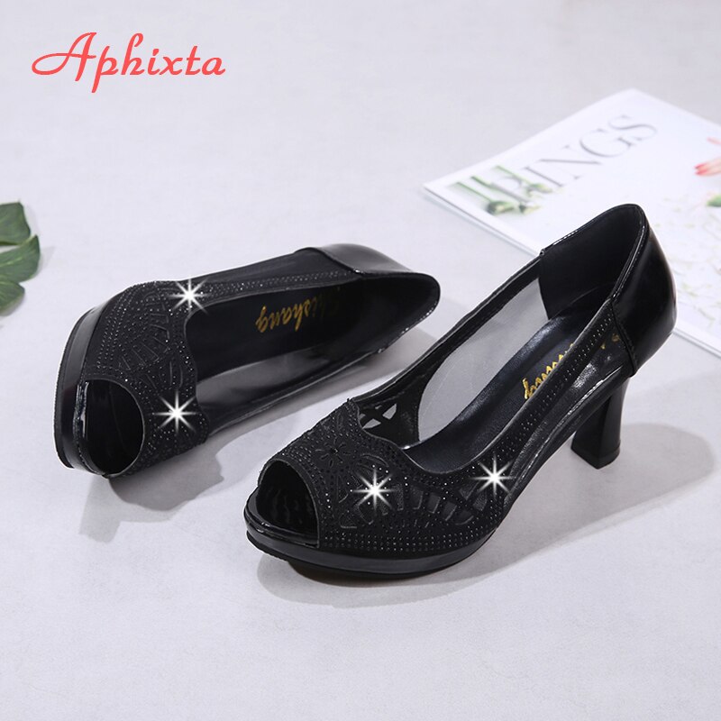 Aphixta peep toe 8cm heels damesschoenen bling kristallen italiaanse stijl air mesh dames extreem hoge hak pumps