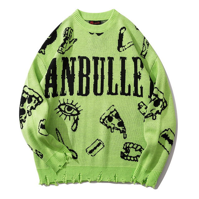 Green Pattern Sweaters Washed Destroyed Ripped Swe... – Grandado