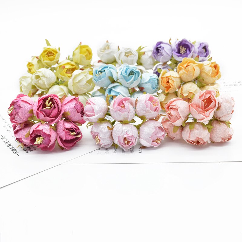 6 piezas de flores artificiales rosas de té flores decorativas para boda coronas adornos navideños para el hogar diy Caja de estampa