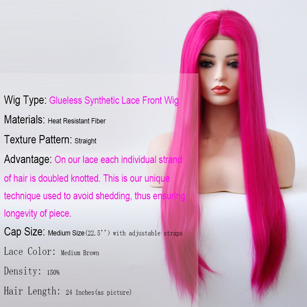Parte media peluca atada a mano Color rosa rojo liso resistente al calor Cosplay del pelo Drag Queen sin pegamento pelucas sintéticas de encaje frontal