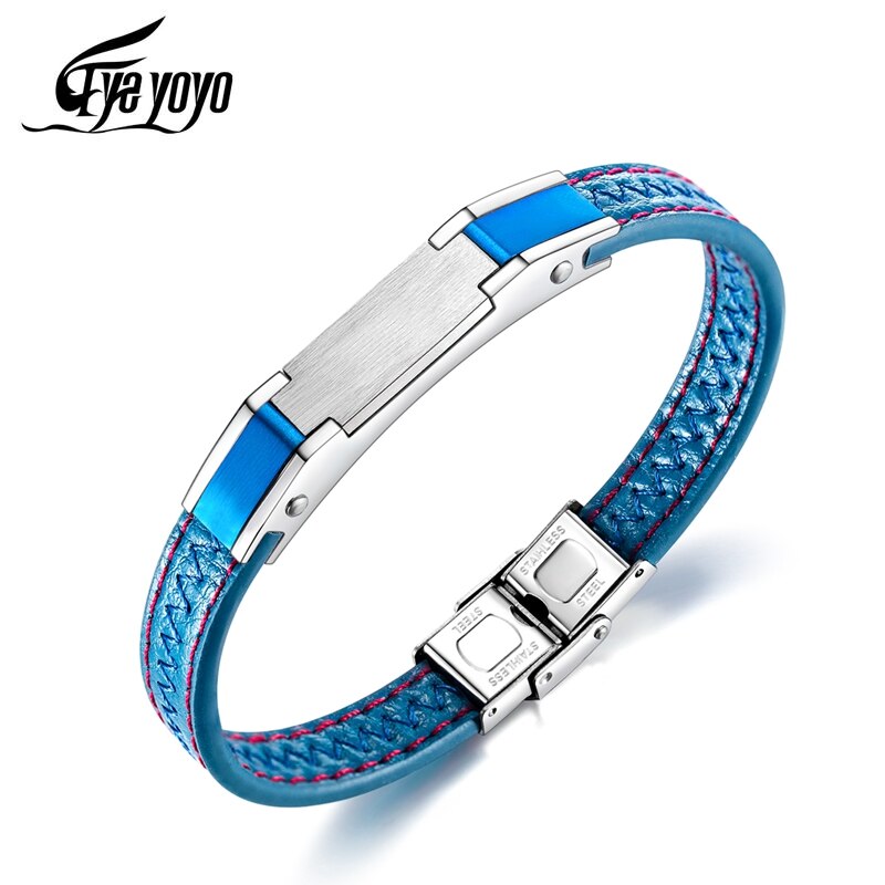 Eyeyoyo 220 Mm Trend Speciale Kleur Roestvrij Staal Lederen Armband Blauw Heren Armband Sieraden