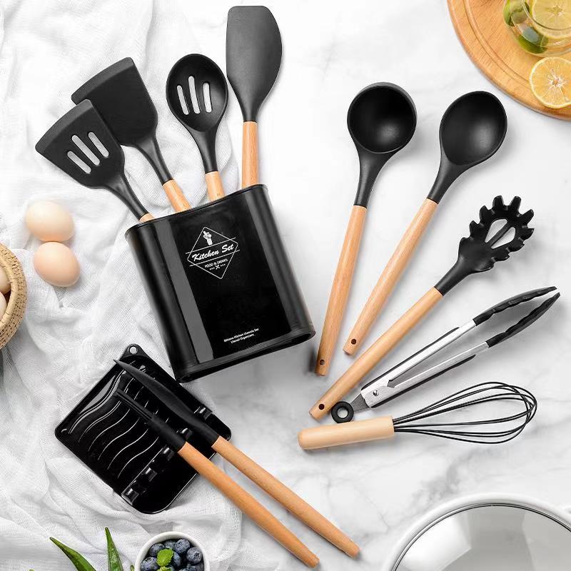 Juego de utensilios de silicona para la cocina, espátulas y palas antiadherentes con mango de madera, instrumentos para cocinar con recipiente de almacenamiento, accesorios para cocinas