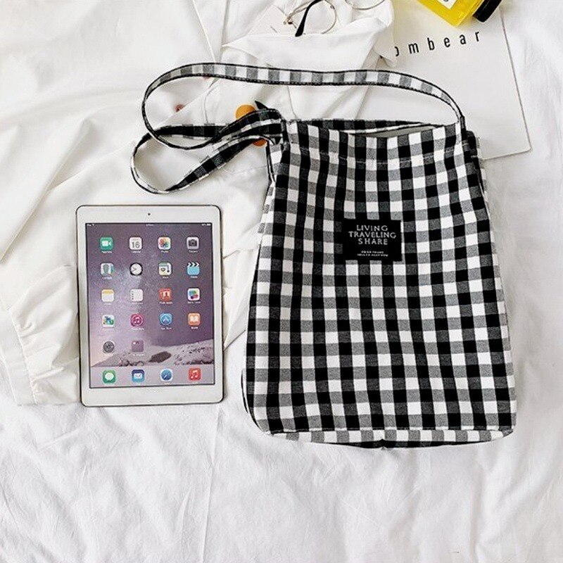 Mode Duurzaam Vrouwen Student Katoen Linnen Enkele Schoudertas Shopping Tote Check Plaid Vrouwelijke Vlas Canvas Boodschappentassen