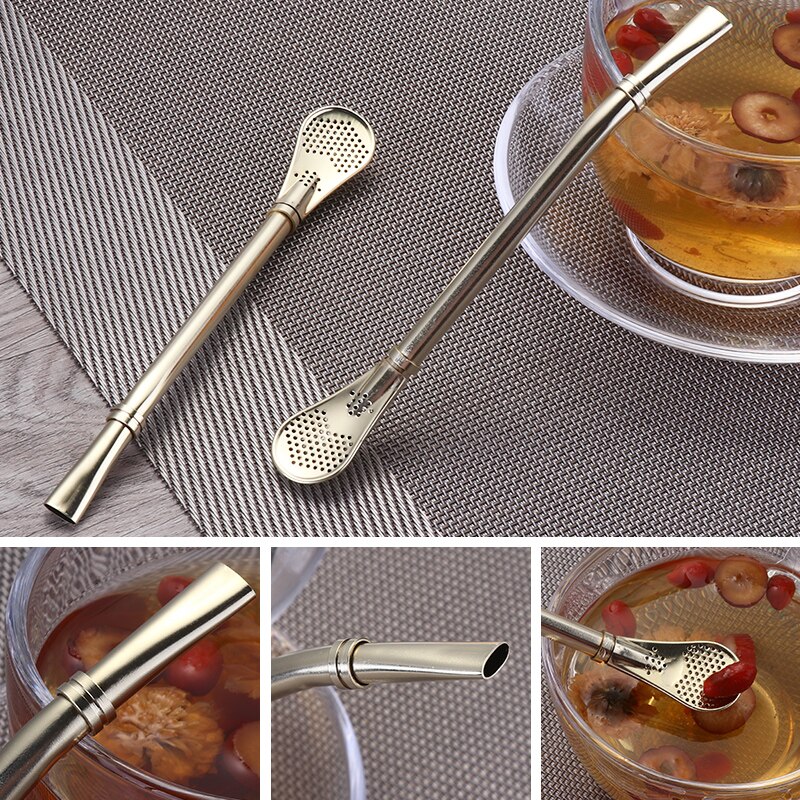 Straw Spoons with Filter Stainless Steel Stirring Coffee Spoons Teaspoon Yerba Mate Small Mini Tea Spoon Tableware Golden Black