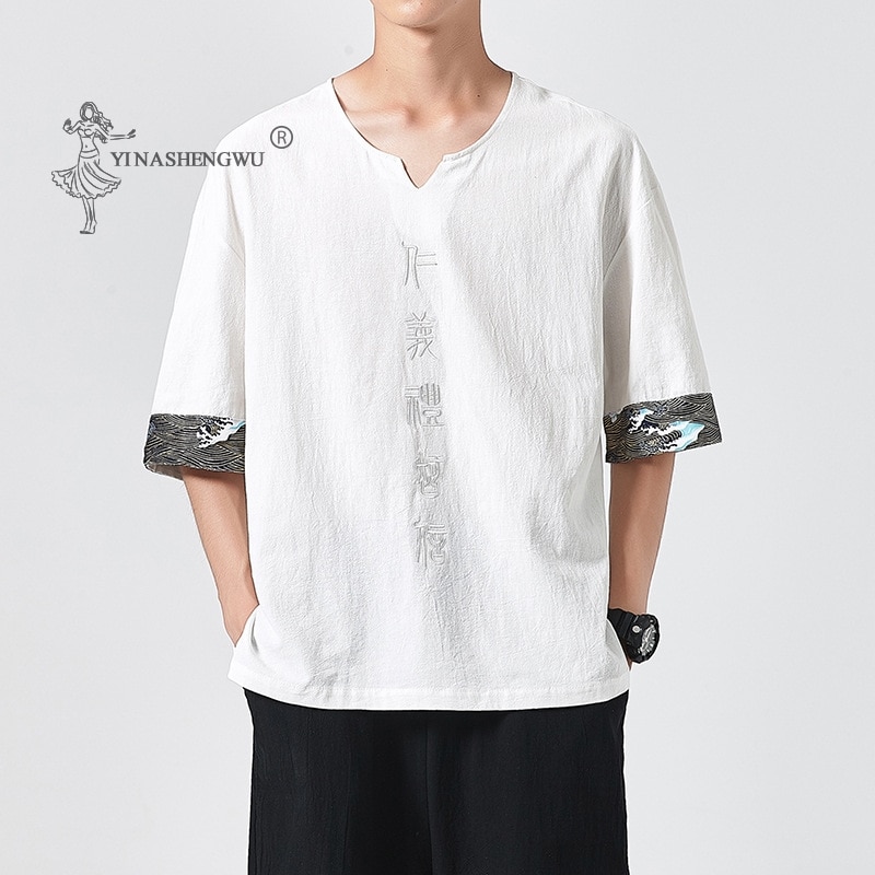 Japanske kimonoer kortærmet t-shirt broderet harajuku yukata japan sommer herre linned herre skjorter bukser asiatisk kostume