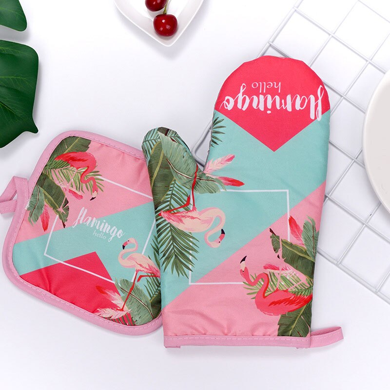 2PCS 1 Set Cotton Flamingo Kitchen Pad Cooking Microwave Baking BBQ Oven Potholders Oven Mitts Kitchen Gloves Mitts: dark pink