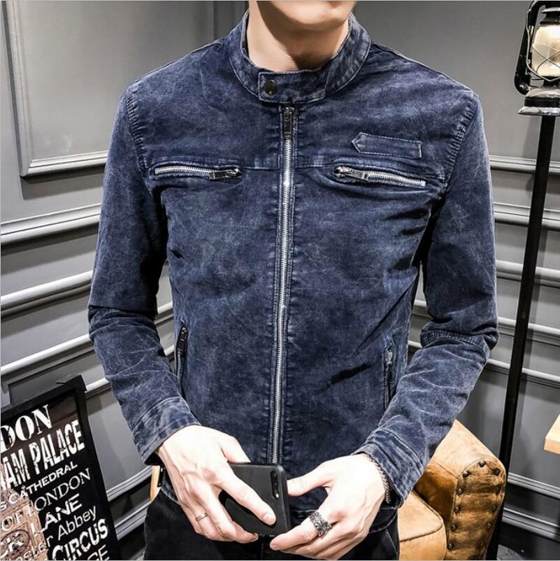 Cotton Men Slim Fit Denim Jacket Casual Stand Collar Long Sleeve Jacket Pocket Zipper Male Coat Plus Size M-3XL: 1 / XXL