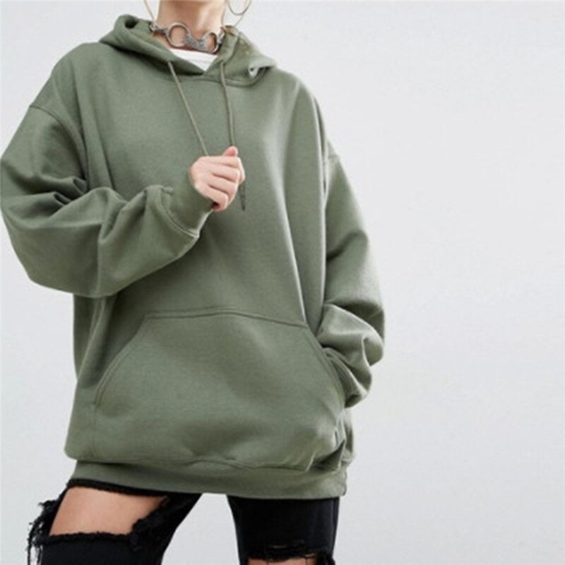 Hoodies dam tjockare varm mjuk enkla matchande fickor fritidströjor trendiga sweatshirts för kvinnor: Armégrön / Xl