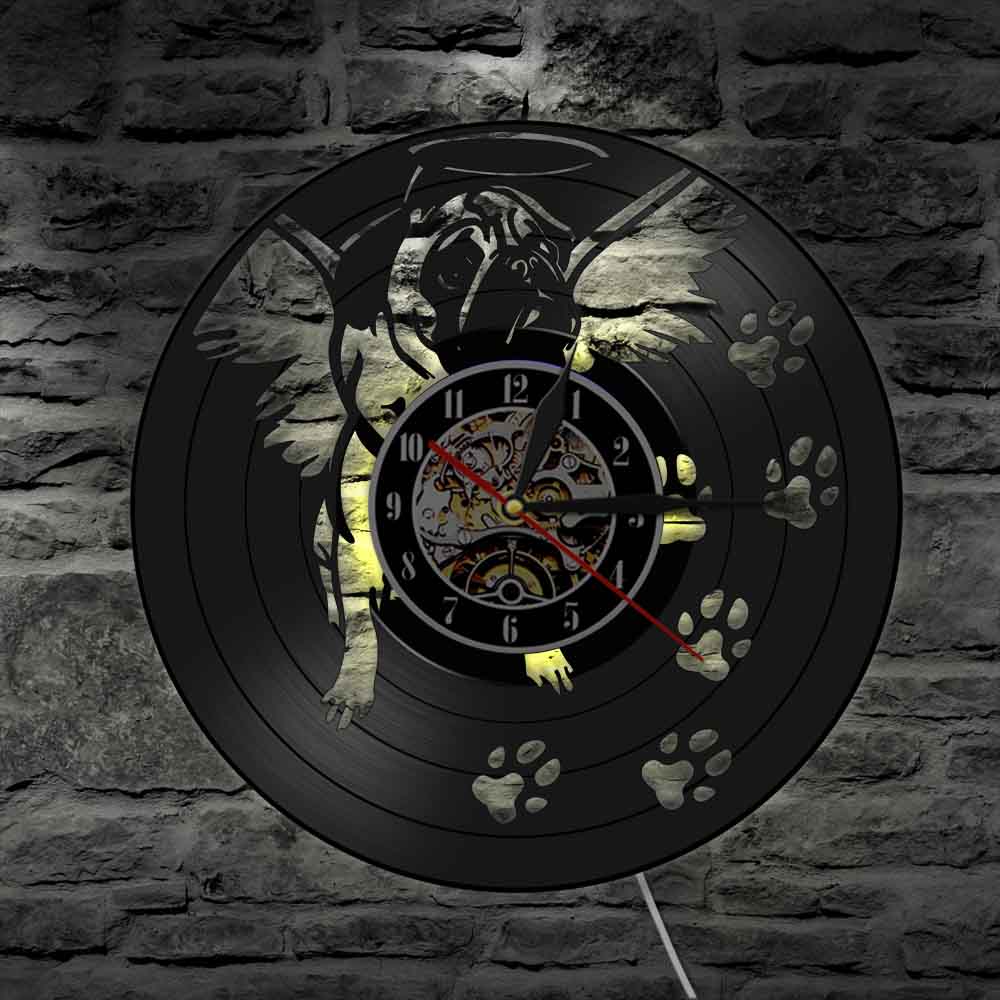 Horloge murale en vinyle pour bouledogue français, avec aile d&#39;ange, Art moderne, Vintage, carlin, chien, décoration de maison, lumineux LED