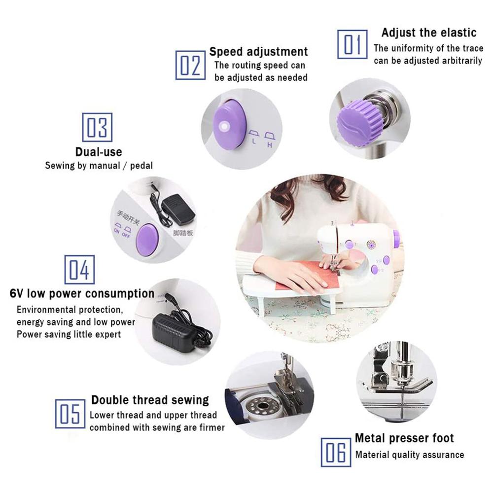 Mini Sewing Machine Built-in Light Mending Machine Dual Speed Double Thread Stitching Electric Pedal Sewing EU Plug Small Gadget