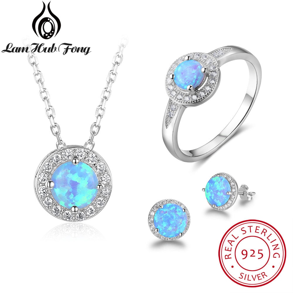 925 Sterling Zilveren Sieraden Sets Zirconia Blauwe Opaal Hanger Ketting Oorbellen Ring Sets Bruiloft Sieraden (Lam Hub Fong)