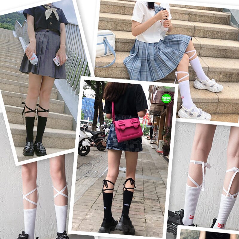 Schwarz Weiß Lange Seil Kreuz Strap Socken Janpanese Flut Mitte Rohr Bowknot Banding Lolita Socke Frauen Brief Drucken Baumwolle Ferse soxs