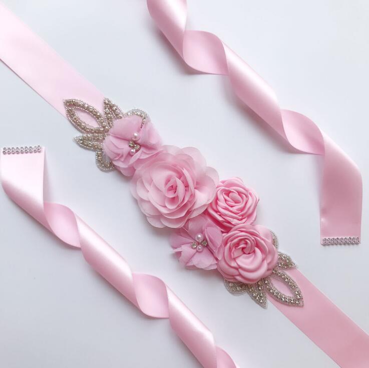 Vintage sidenband långa bälten chiffong blommor glänsande strass kvinna skärp bälten bröllop bröllop formell tillbehör: Rosa