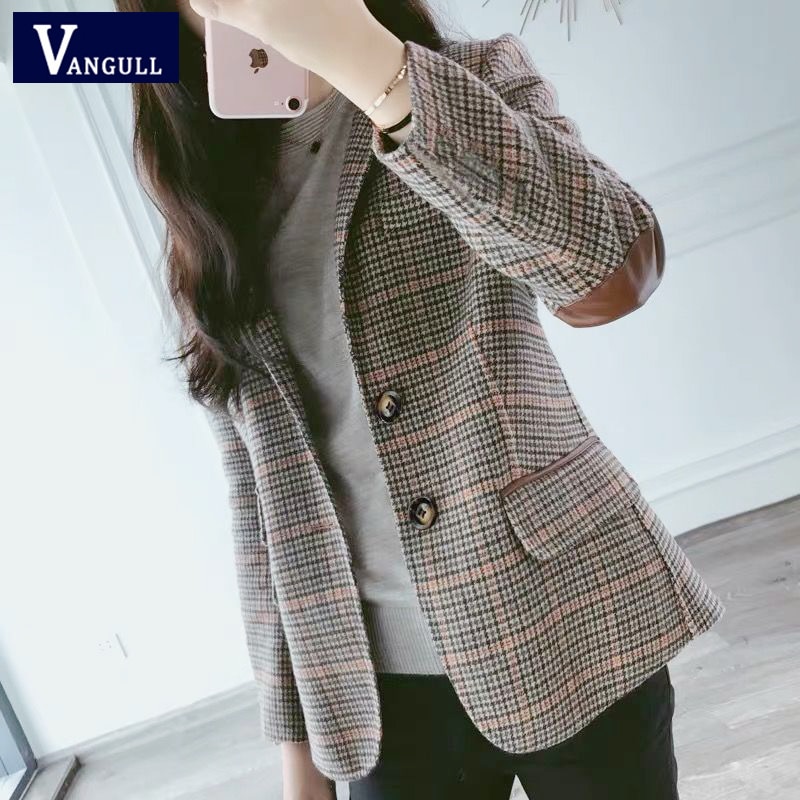 Vangull-blazer à carreaux pour femmes, manteau classique en Patchwork, Patch, coude, vêtement formel à boutonnage simple pour femme
