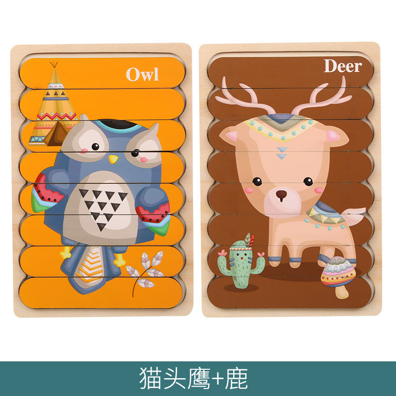 Double Sides Wooden Puzzle Kids Toys For Children Montessori Learning Early Edcuational Puzzle For Toddlers Jouet Enfant: owl deer