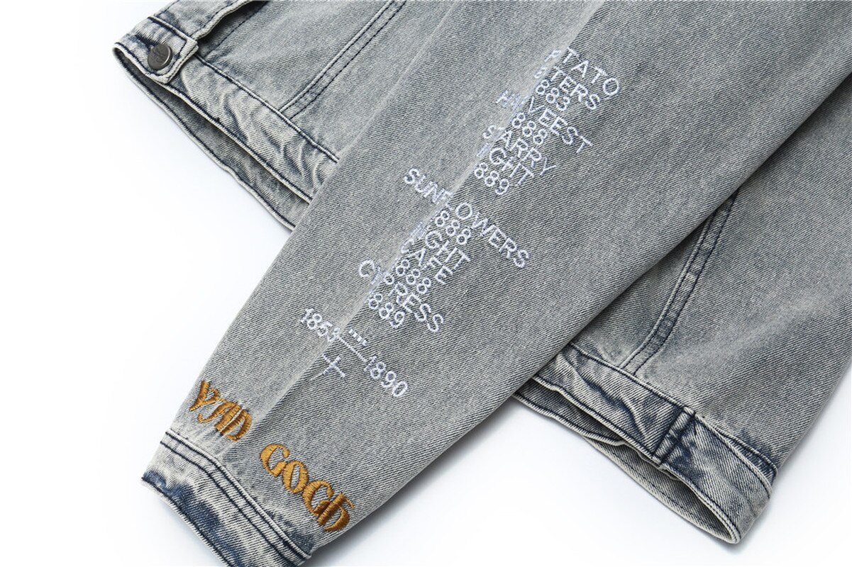 Van Gogh Painting Denim Jacket Men Women Couple Letter Embroidery Hip Hop Streetwear Washed Cotton Vintage Loose Goth Jeans Coat