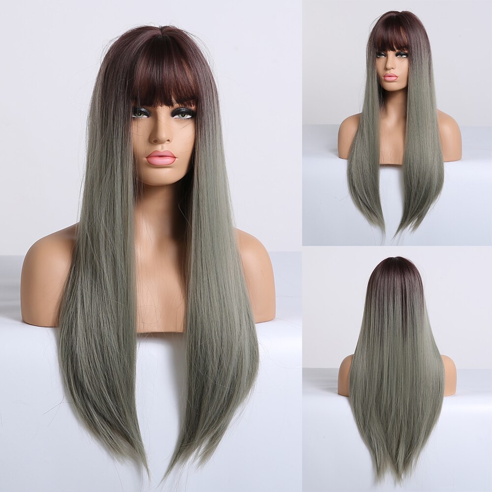 EASIHAIR, pelucas largas rectas de color negro a marrón con flequillo, pelucas sintéticas de pelo Natural, pelucas de Cosplay diarias, resistentes al calor: LC240-1