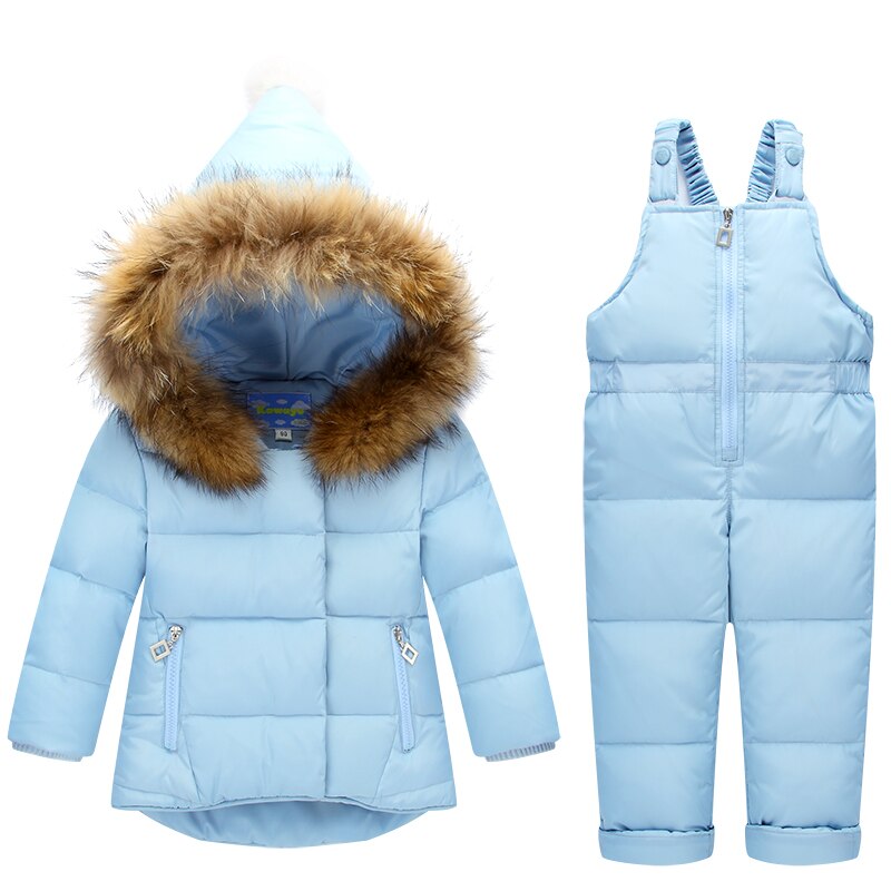 Vinter børn tøj sæt jumpsuit sne jakker + bib bukser 2 stk sæt baby dreng piger andedun frakker jakke med pels hætte: 100