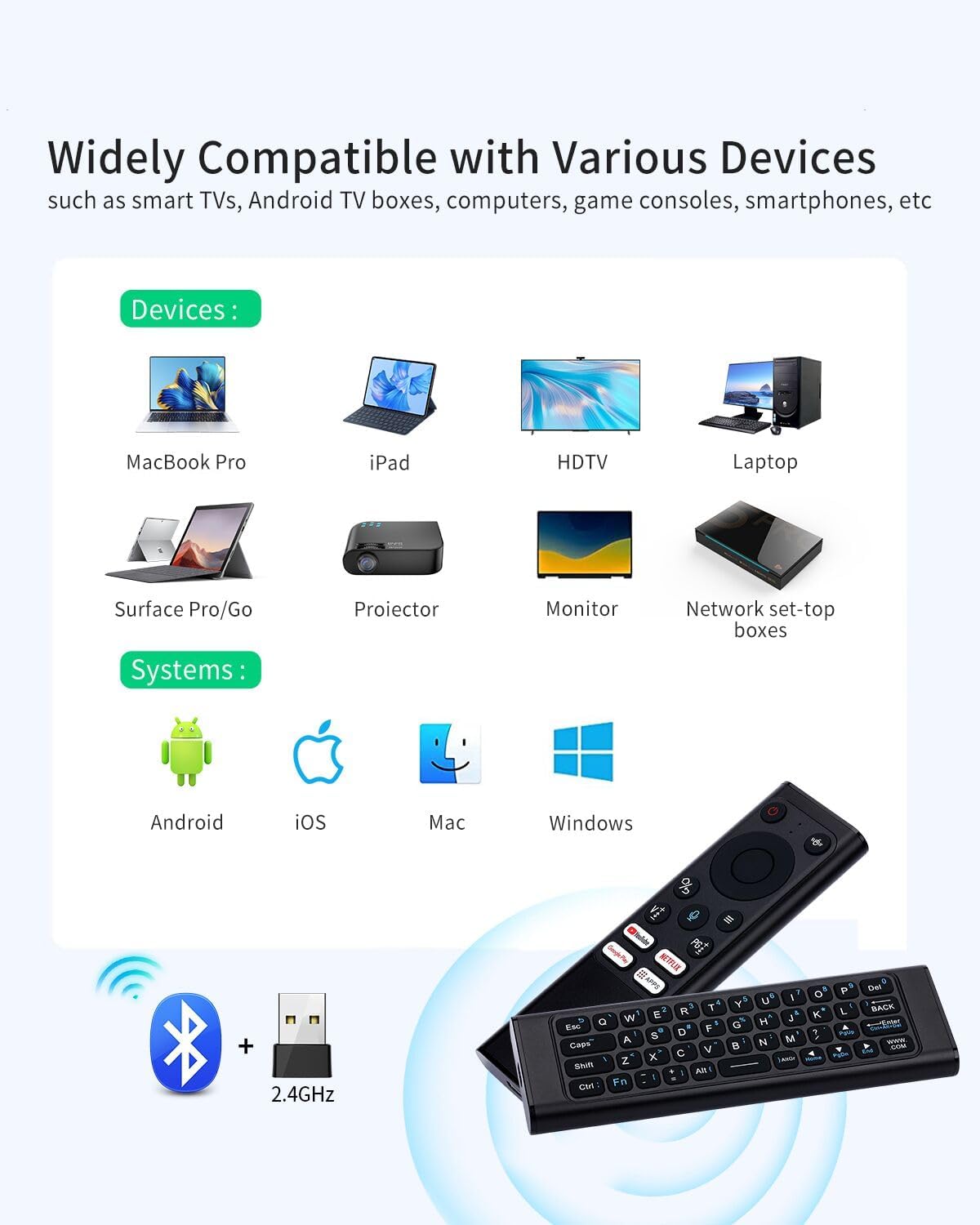 iPazzPort PC-Fernbedienung, Air Mouse-Fernbedienung mit Tastatur, 2,4 G und Bluetooth QWERTY-Tastatur-Controller für Windows 10, 11, HTPC