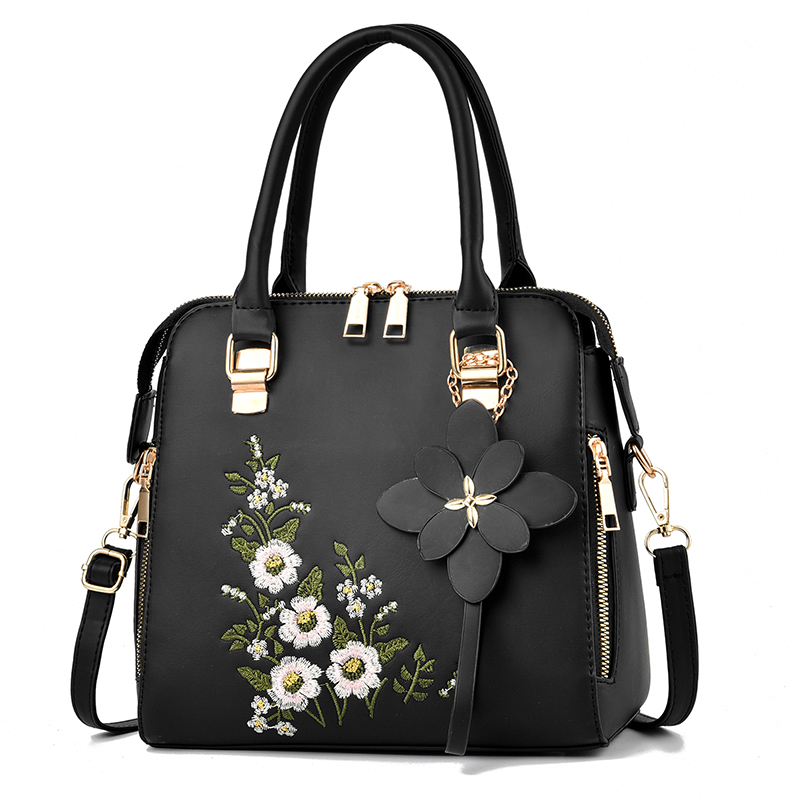 Umhängetasche mit Blumendetail, trendige Handtasche mit Reißverschluss für sterben Arbeit, lässige Umhängetasche, Damen-Geldbörse mit Blumendekor: Schwarz