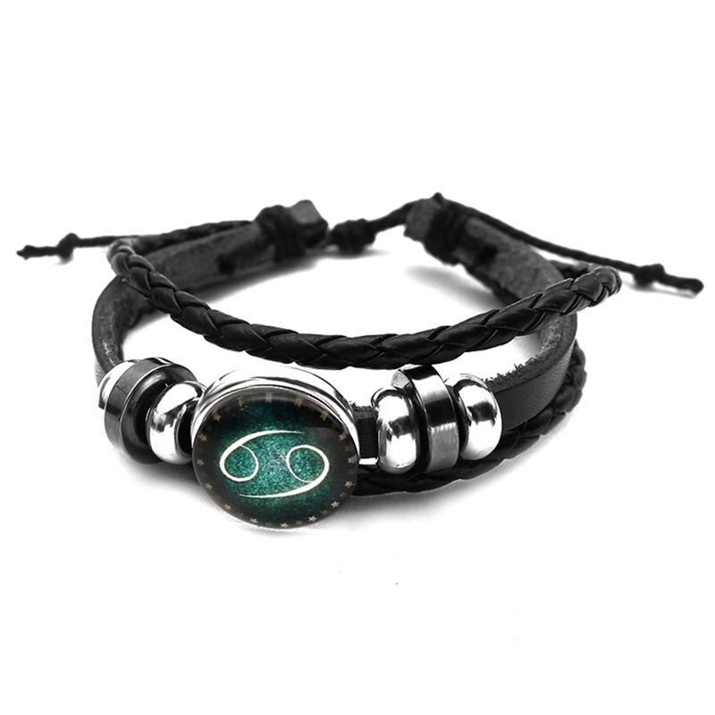 Luminosas 12 Constelaciones pulsera de cuero signo del zodiaco con abalorios pulseras trenzadas Punk para Niños Accesorios de la joyería de los hombres: Cancer