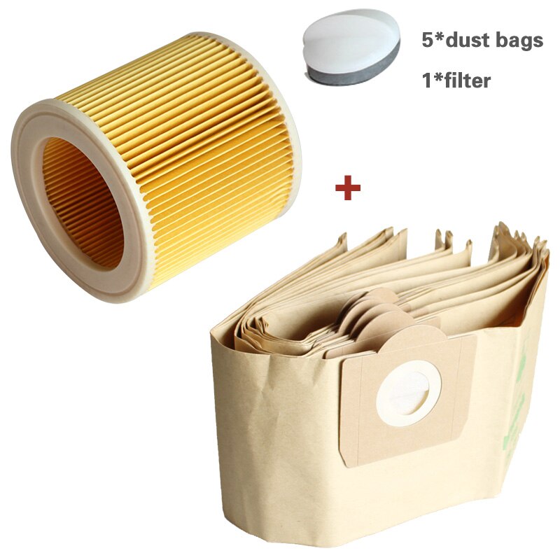 5 bolsas de polvo para aspiradora KARCHER WD3 Premium WD 3.300 M WD 3.200 WD3.500 P 6.959-130, 1 filtro: A