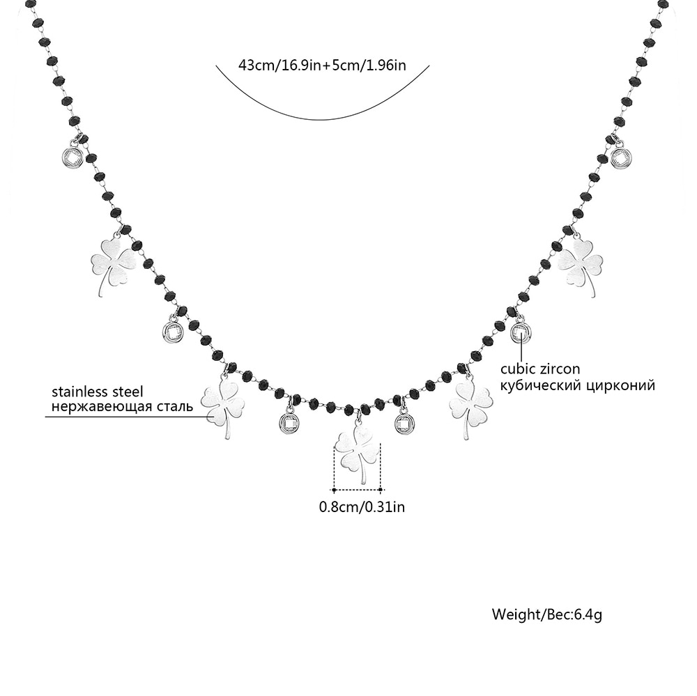 Colar de encantos de trevo de aço inoxidável, para mulheres, contas de cristal preto, corrente, colar, presente para amigo, jóias femininas, 2019, dropship