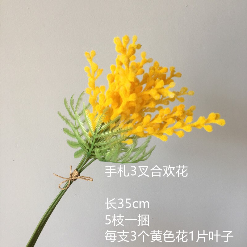 Kunstige akacie blomster gul mimosa spray kirsebær frugt gren bryllupsfest begivenhed indretning hjem bord blomst: 3 gafler buket
