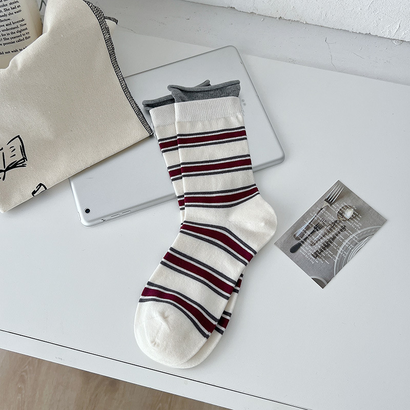 Calcetines largos de algodón para mujer, calcetines coreanos blancos transpirables de ocio para niñas, calcetines bordados para hombre, calcetines a rayas para primavera y verano para mujer: Lavanda