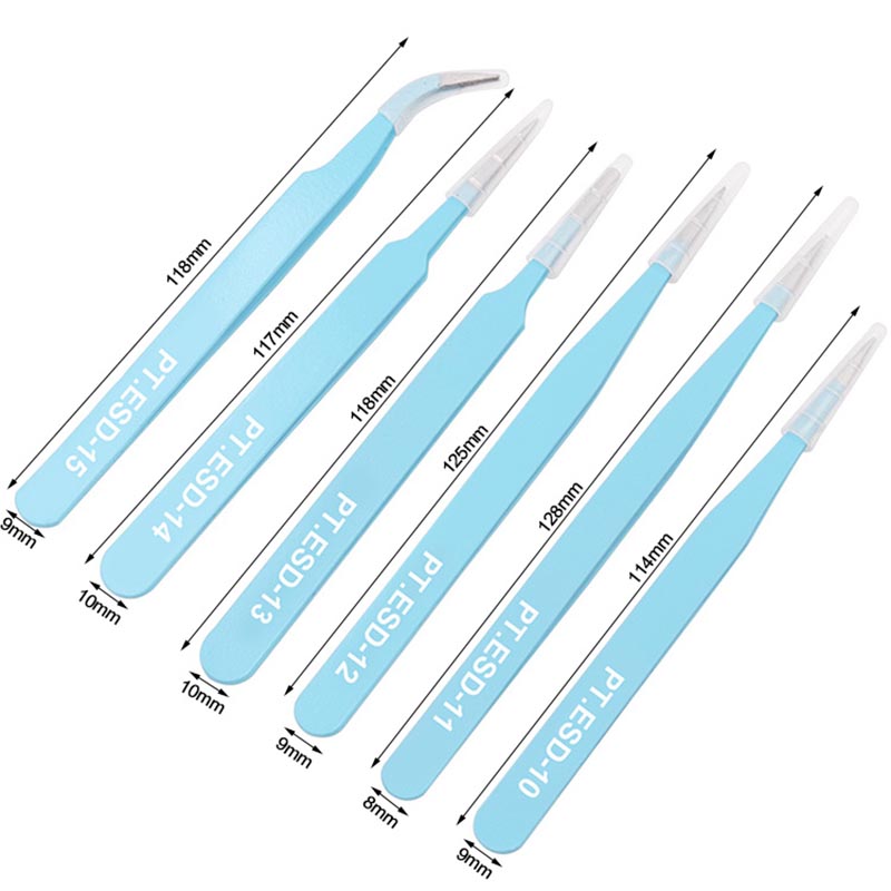 6pcs Anti-static ESD Stainless Steel Tweezers Maintenance Tools Industrial Precision Curved Straight Tweezers Repair Tools