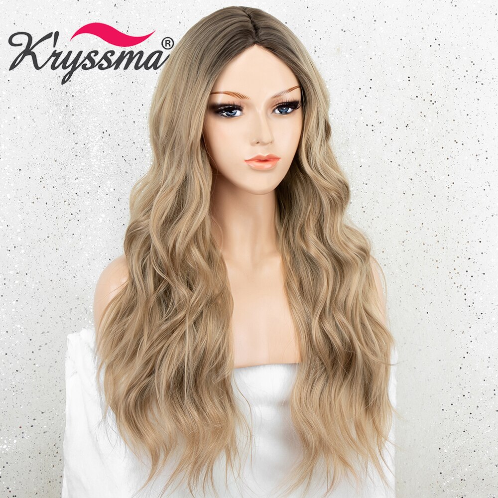 Kryssma Ombre Blonde Wigs Long Wavy Synthetic Wigs For Women Cosplay Wigs Blonde Wig Mixed Black Heat Resistant Fiber Hair